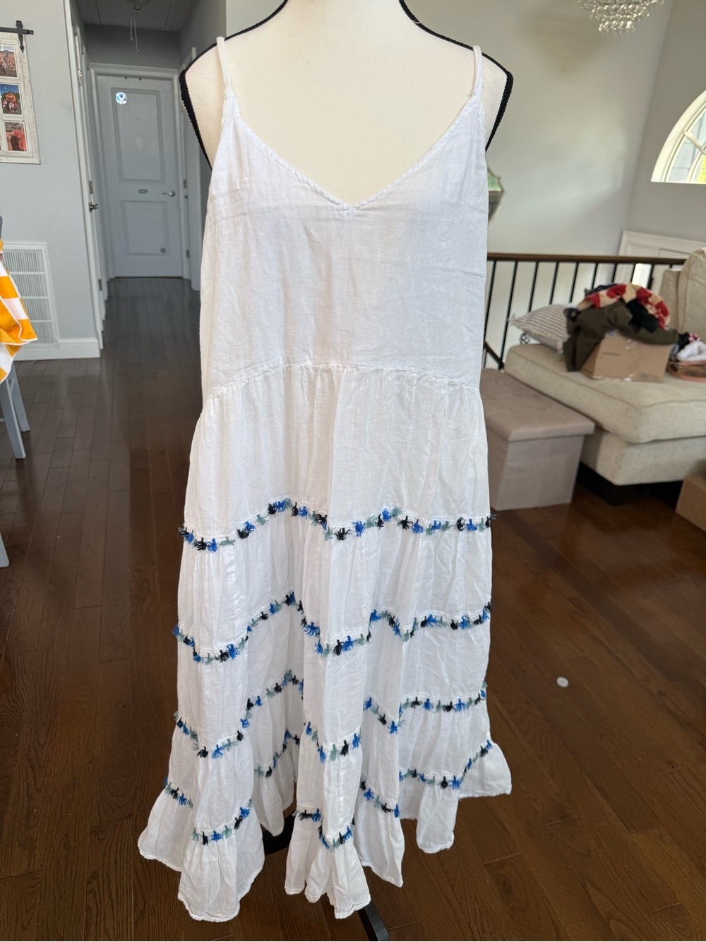 Philosophy White Tiered Midi Soft Cotton Dress with Blue Tassel Embroidery Sz XL